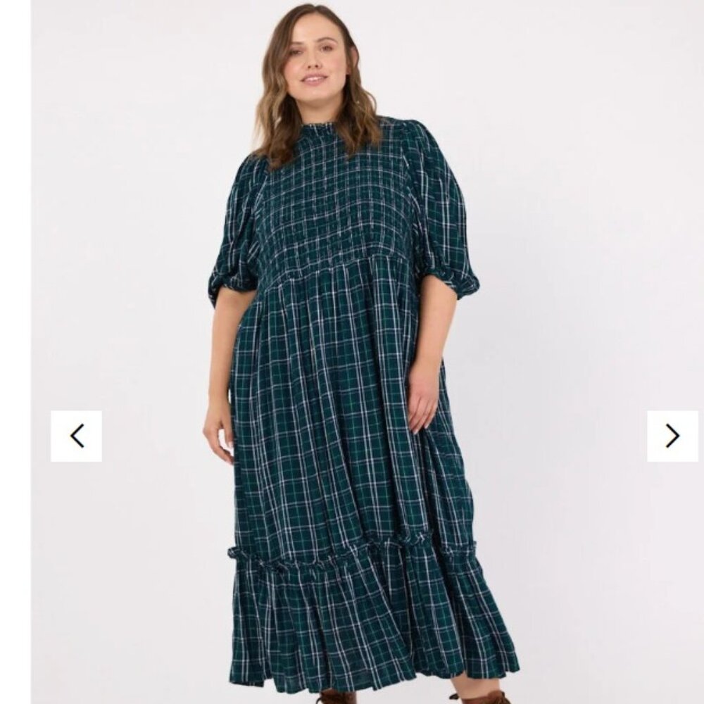 Joanie Clothing Priya Green Check Print Puff Sleeve Midi Dress XXL